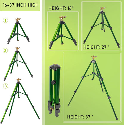 Impact Sprinkler on Tripod Base, Heavy Duty Brass Sprinklers for Yard Lawn Garden, 0-360 Degree Large Area Coverage, 3/4 Inch Connector Extension Legs Flip Locks with Brass Sprinkler Head