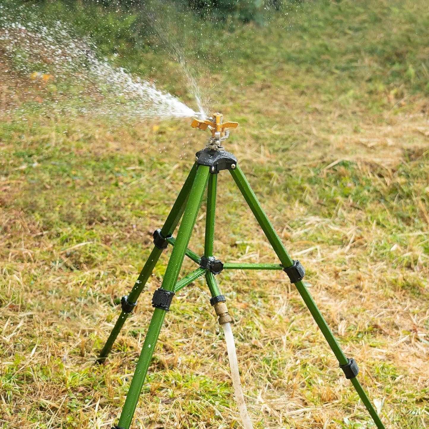 Impact Sprinkler on Tripod Base, Heavy Duty Brass Sprinklers for Yard Lawn Garden, 0-360 Degree Large Area Coverage, 3/4 Inch Connector Extension Legs Flip Locks with Brass Sprinkler Head