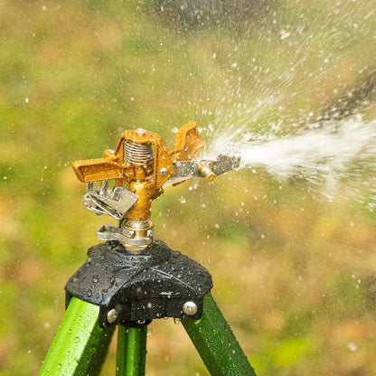 Impact Sprinkler on Tripod Base, Heavy Duty Brass Sprinklers for Yard Lawn Garden, 0-360 Degree Large Area Coverage, 3/4 Inch Connector Extension Legs Flip Locks with Brass Sprinkler Head
