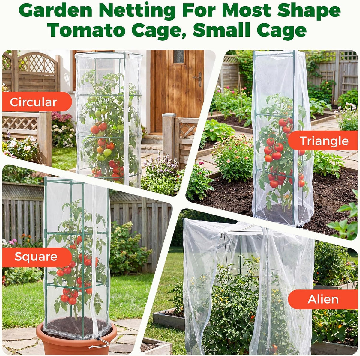 3Pcs Garden Bird Netting Plant Cover for Tomato Cage, 67" x 17.7" Insect Bird Barrier Tomato Cage Net with Zipper, Tomato Trellis Plant Netting Cover for Square Tomatoes Cages Plants Garden Protection