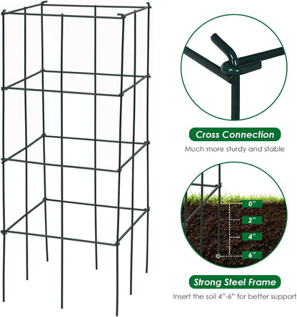 4 Pack Folding Tomato Cages, 39 Inches Tall Square Plant Support Cage for Garden Climbing Plants Flowers Fruits, Heavy Duty Tomato Vegetable Trellis