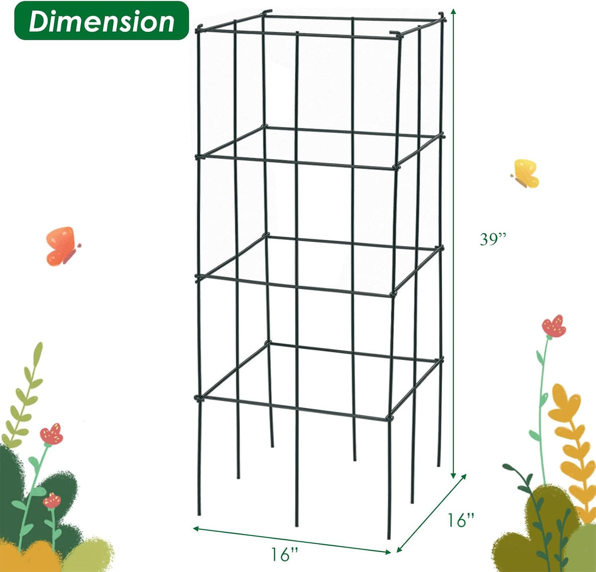 4 Pack Folding Tomato Cages, 39 Inches Tall Square Plant Support Cage for Garden Climbing Plants Flowers Fruits, Heavy Duty Tomato Vegetable Trellis