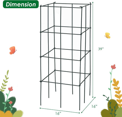 4 Pack Folding Tomato Cages, 39 Inches Tall Square Plant Support Cage for Garden Climbing Plants Flowers Fruits, Heavy Duty Tomato Vegetable Trellis