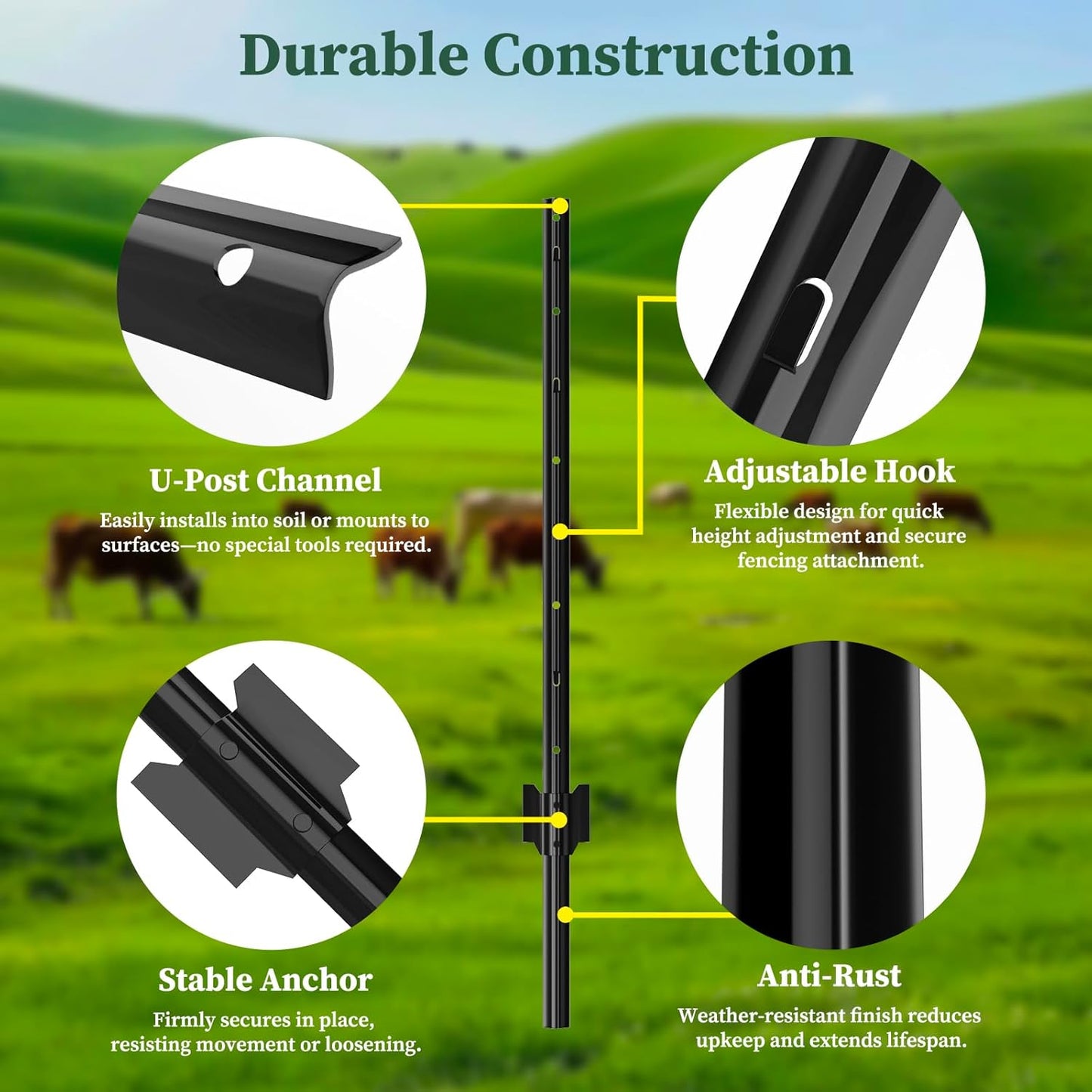 Metal Fence Posts Heavy Duty U-Post Stakes for Wire Fencing, 5 FT Black
