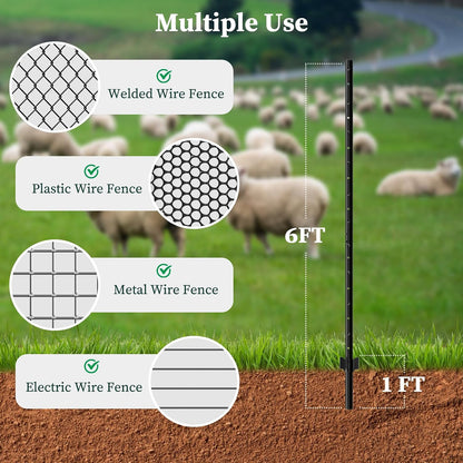 Metal Fence Posts Heavy Duty U-Post Stakes for Wire Fencing, 5 FT Black