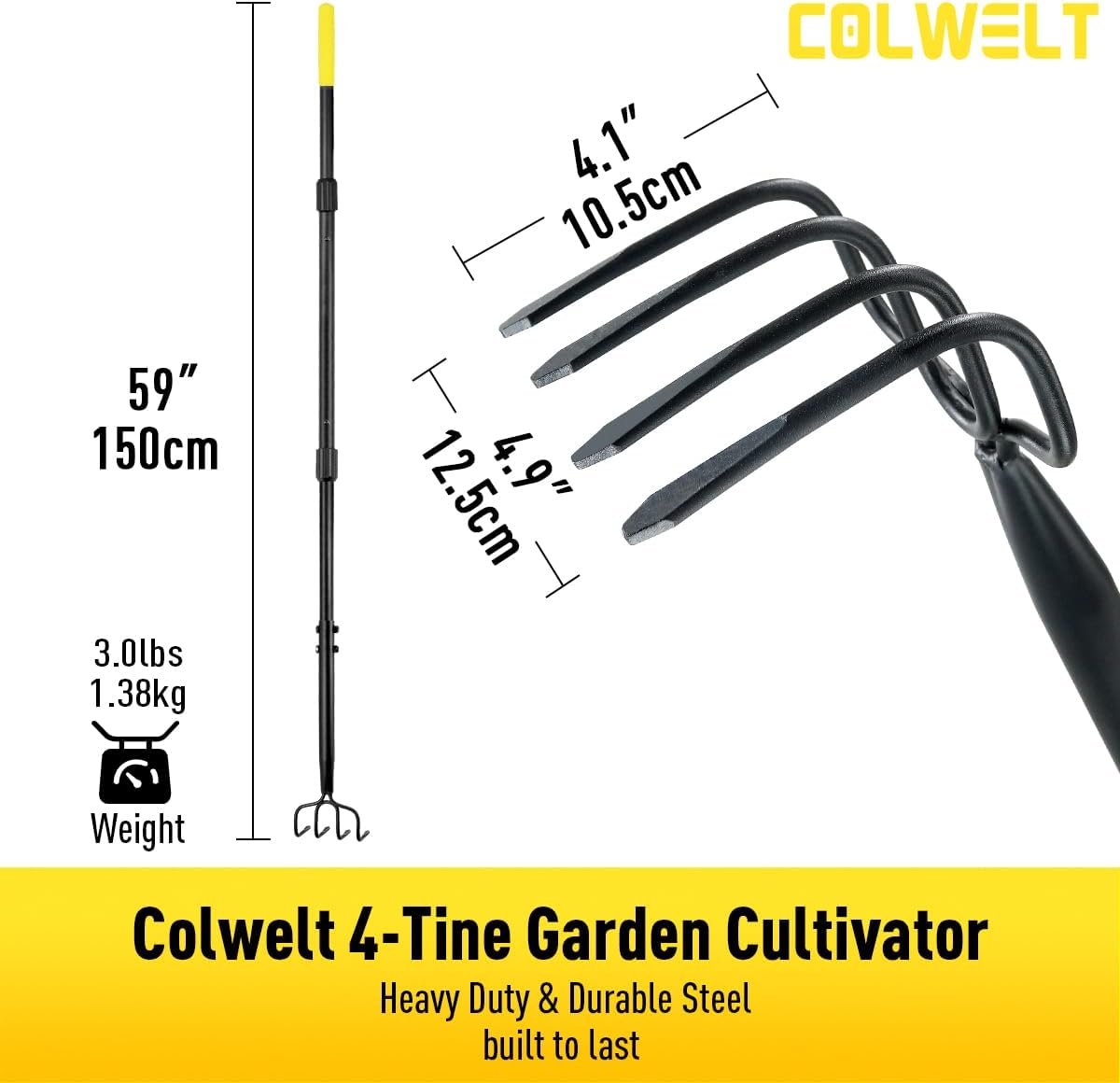 4 Tine Cultivator Rake 59'', 4 Prong Claw Garden Rake Long Handle