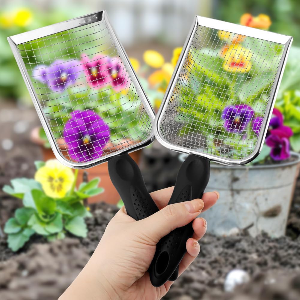 2-Pack Gardening Soil Sifter Set, 2-in-1 Soil Sifter and Shovel with 3.8mm & 5.0mm Sieves, Stainless Steel Compost Sifters Potting Scoop for SOI-l Screening, Rock Removal(Color:Black)