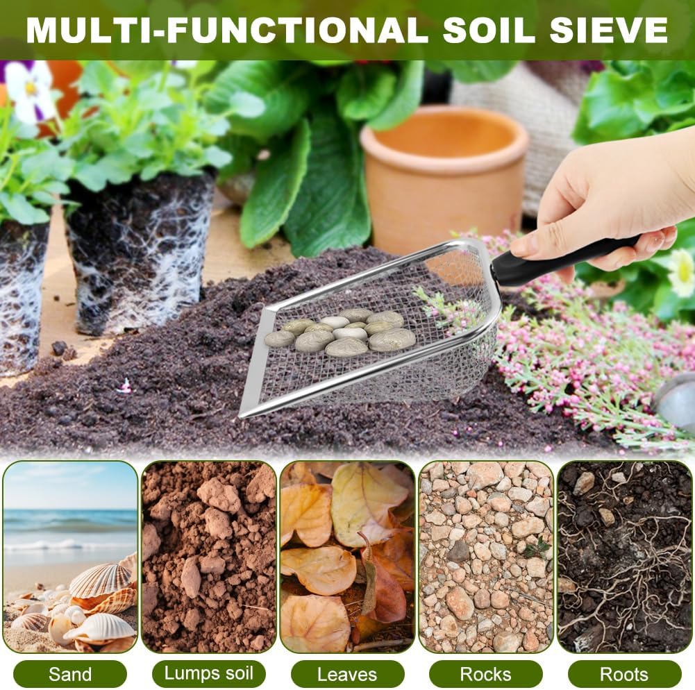 2-Pack Gardening Soil Sifter Set, 2-in-1 Soil Sifter and Shovel with 3.8mm & 5.0mm Sieves, Stainless Steel Compost Sifters Potting Scoop for SOI-l Screening, Rock Removal(Color:Black)