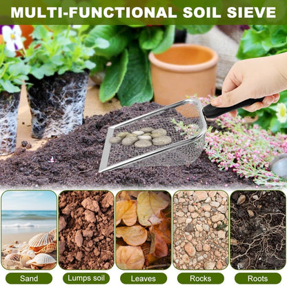 2-Pack Gardening Soil Sifter Set, 2-in-1 Soil Sifter and Shovel with 3.8mm & 5.0mm Sieves, Stainless Steel Compost Sifters Potting Scoop for SOI-l Screening, Rock Removal(Color:Black)