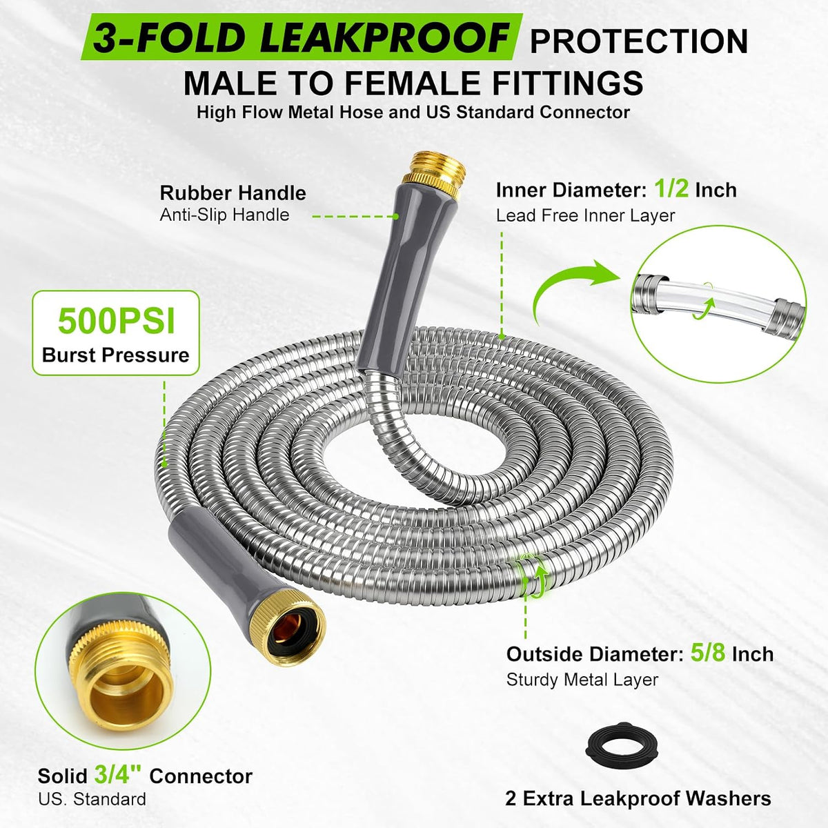 Short Garden Hose 3ft, Stainless Steel Male to Female Leader Hose