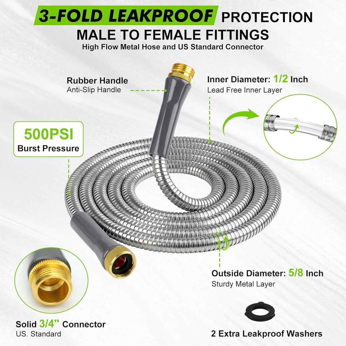 Short Garden Hose 3ft, Stainless Steel Male to Female Leader Hose