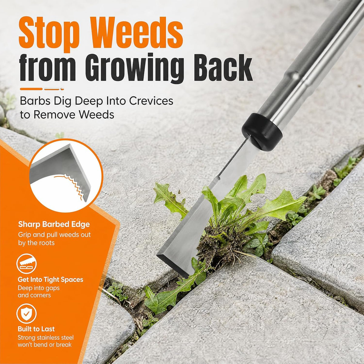 47.24'' Crack Weeder, Stainless Steel Manual Crevice Weeding Tool, Long Handle Weed Grabber Remover, L-Shaped Manual Weeder Puller, Durable Crevice Weeding Tool for Sidewalk Garden Lawn
