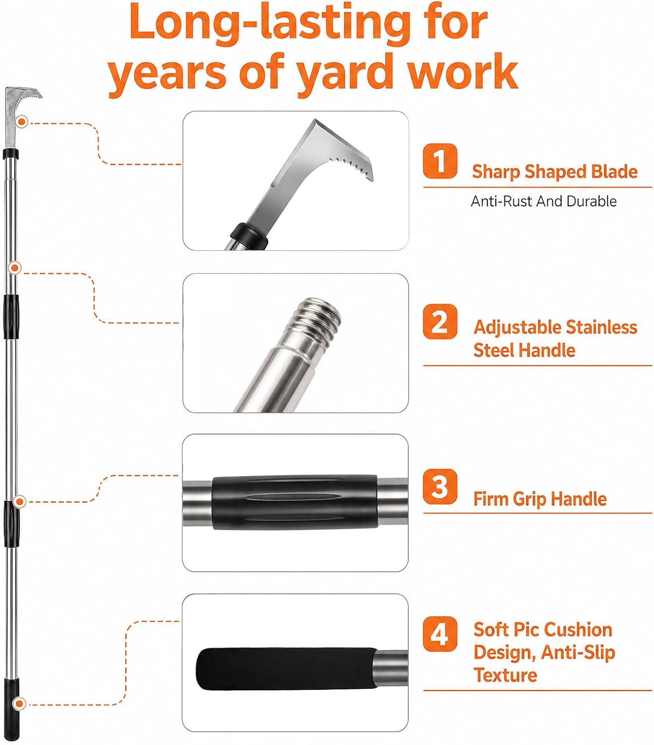 47.24'' Crack Weeder, Stainless Steel Manual Crevice Weeding Tool, Long Handle Weed Grabber Remover, L-Shaped Manual Weeder Puller, Durable Crevice Weeding Tool for Sidewalk Garden Lawn