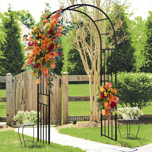 Moccha Garden Arch Arbor Trellis, 7.2Ft Outdoor Steel Arbor with Stakes, Metal Archway for Climbing Plants, Wide Sturdy Garden Arch for Lawn, Party, Ceremony Wedding Decoration, Black