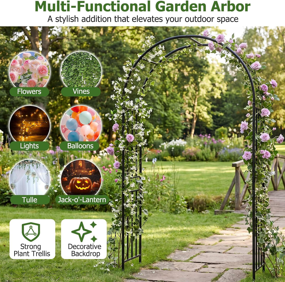 Moccha Garden Arch Arbor Trellis, 7.2Ft Outdoor Steel Arbor with Stakes, Metal Archway for Climbing Plants, Wide Sturdy Garden Arch for Lawn, Party, Ceremony Wedding Decoration, Black