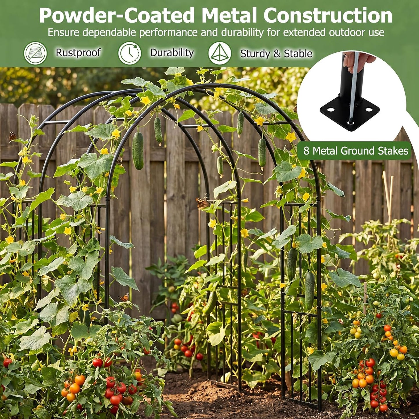 Moccha Garden Arch Arbor Trellis, 7.2Ft Outdoor Steel Arbor with Stakes, Metal Archway for Climbing Plants, Wide Sturdy Garden Arch for Lawn, Party, Ceremony Wedding Decoration, Black