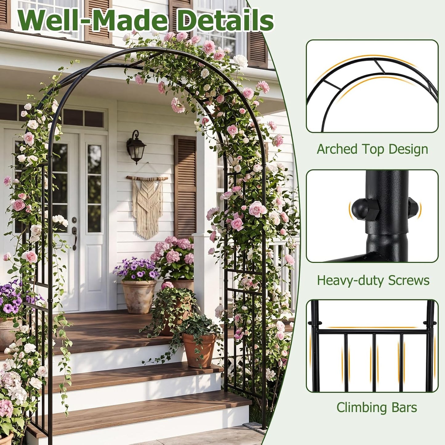 Moccha Garden Arch Arbor Trellis, 7.2Ft Outdoor Steel Arbor with Stakes, Metal Archway for Climbing Plants, Wide Sturdy Garden Arch for Lawn, Party, Ceremony Wedding Decoration, Black