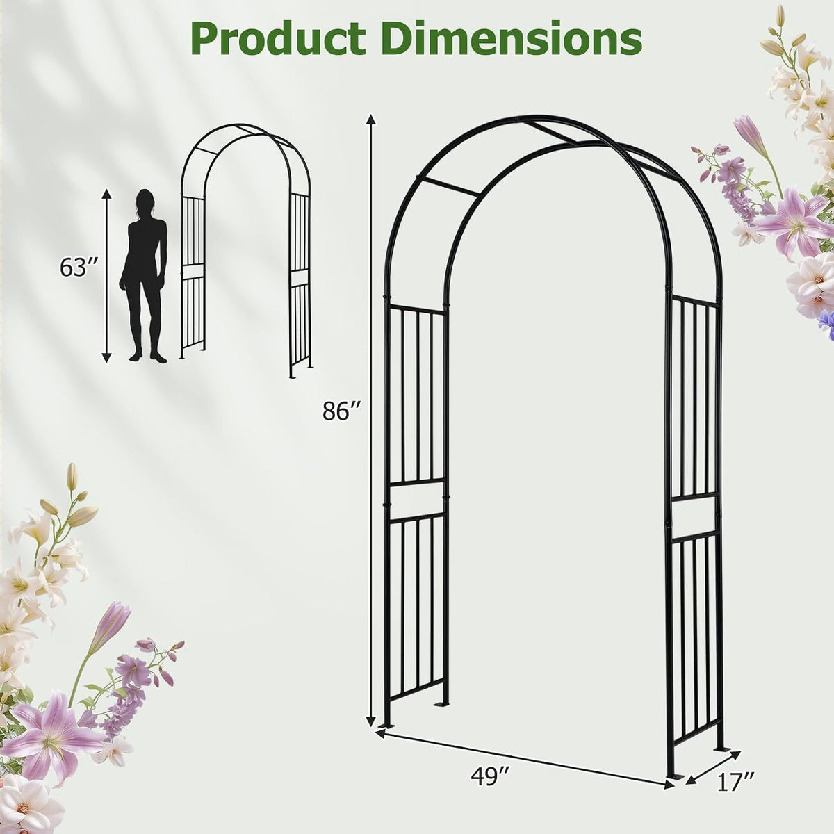 Moccha Garden Arch Arbor Trellis, 7.2Ft Outdoor Steel Arbor with Stakes, Metal Archway for Climbing Plants, Wide Sturdy Garden Arch for Lawn, Party, Ceremony Wedding Decoration, Black