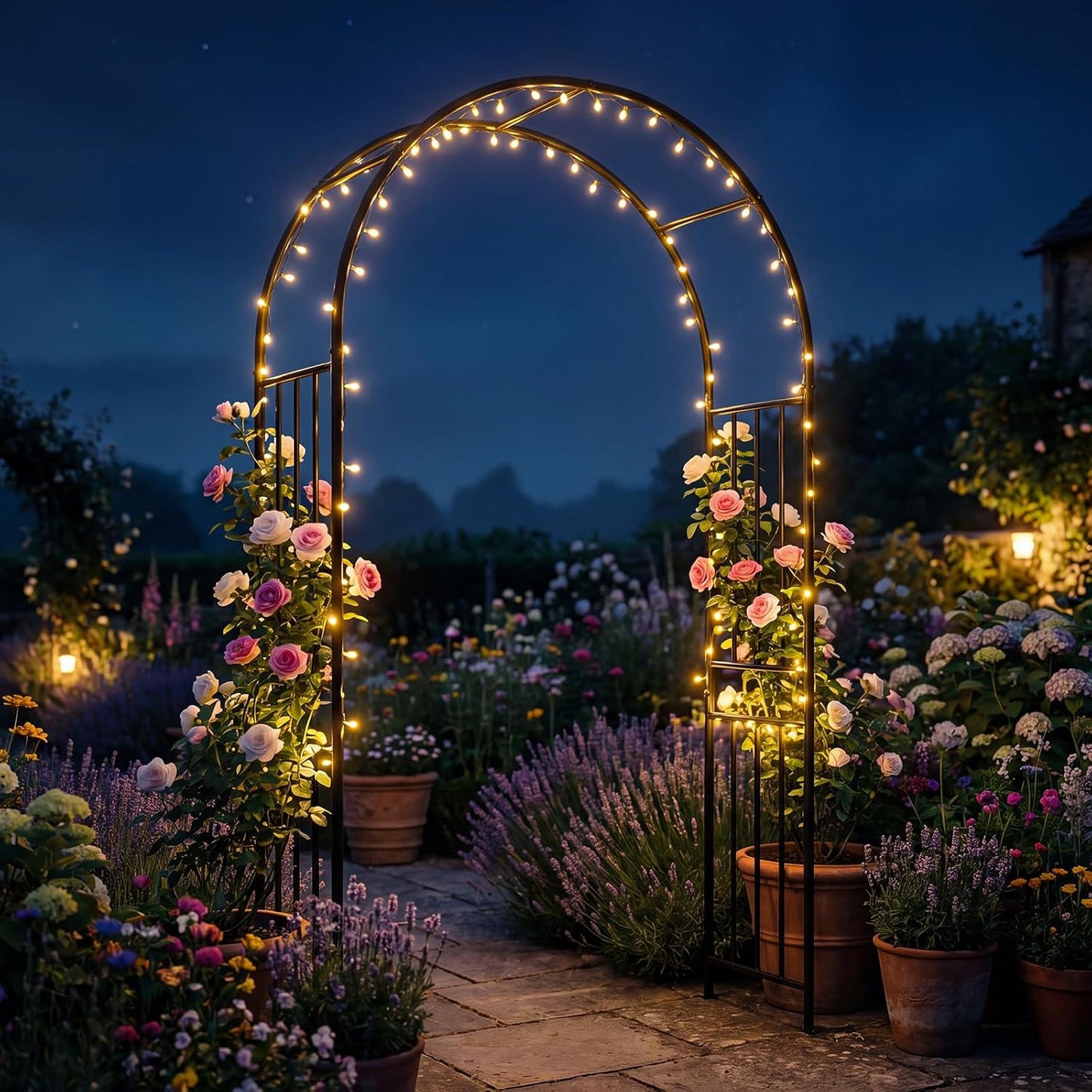 Moccha Garden Arch Arbor Trellis, 7.2Ft Outdoor Steel Arbor with Stakes, Metal Archway for Climbing Plants, Wide Sturdy Garden Arch for Lawn, Party, Ceremony Wedding Decoration, Black