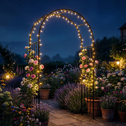 Moccha Garden Arch Arbor Trellis, 7.2Ft Outdoor Steel Arbor with Stakes, Metal Archway for Climbing Plants, Wide Sturdy Garden Arch for Lawn, Party, Ceremony Wedding Decoration, Black