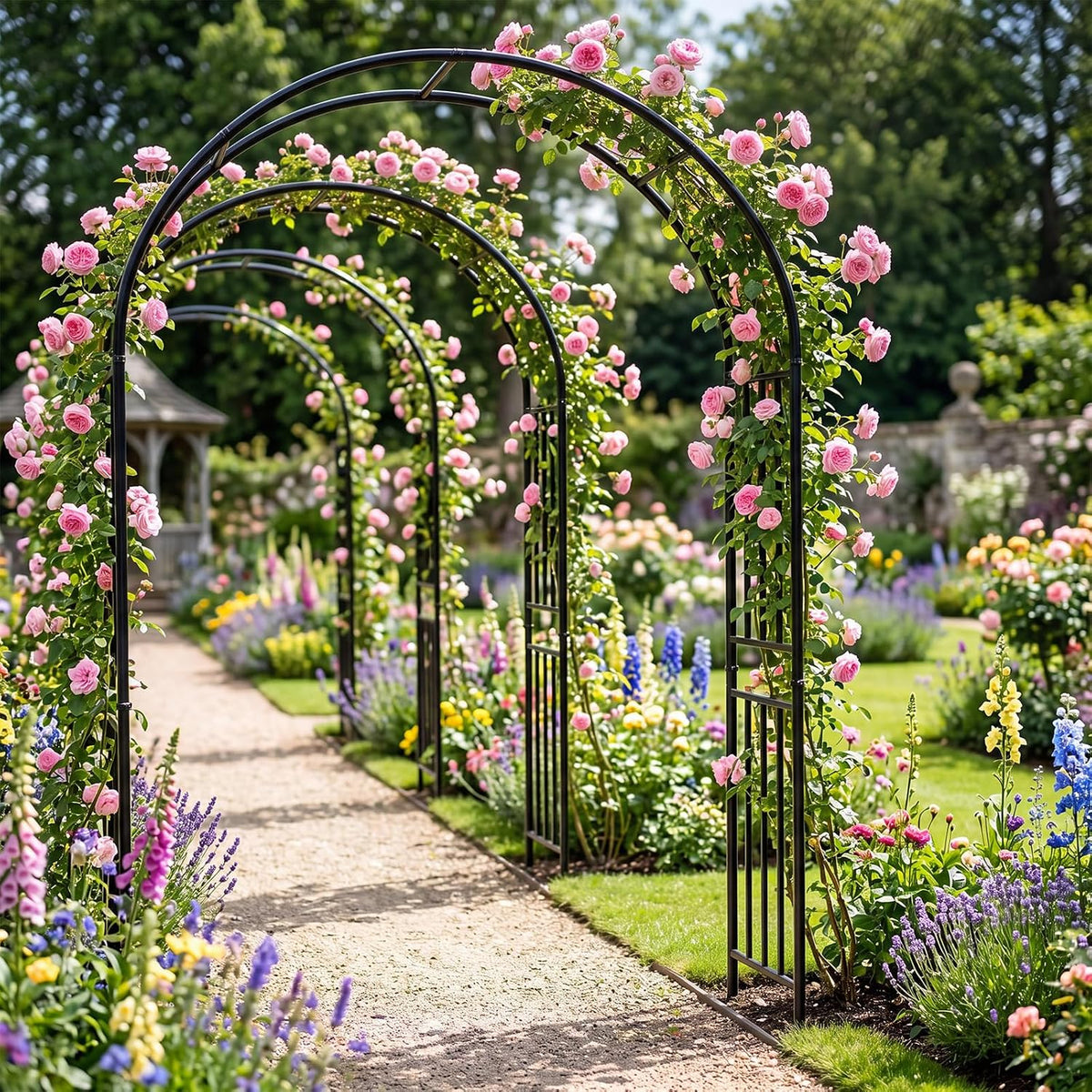 Moccha Garden Arch Arbor Trellis, 7.2Ft Outdoor Steel Arbor with Stakes, Metal Archway for Climbing Plants, Wide Sturdy Garden Arch for Lawn, Party, Ceremony Wedding Decoration, Black