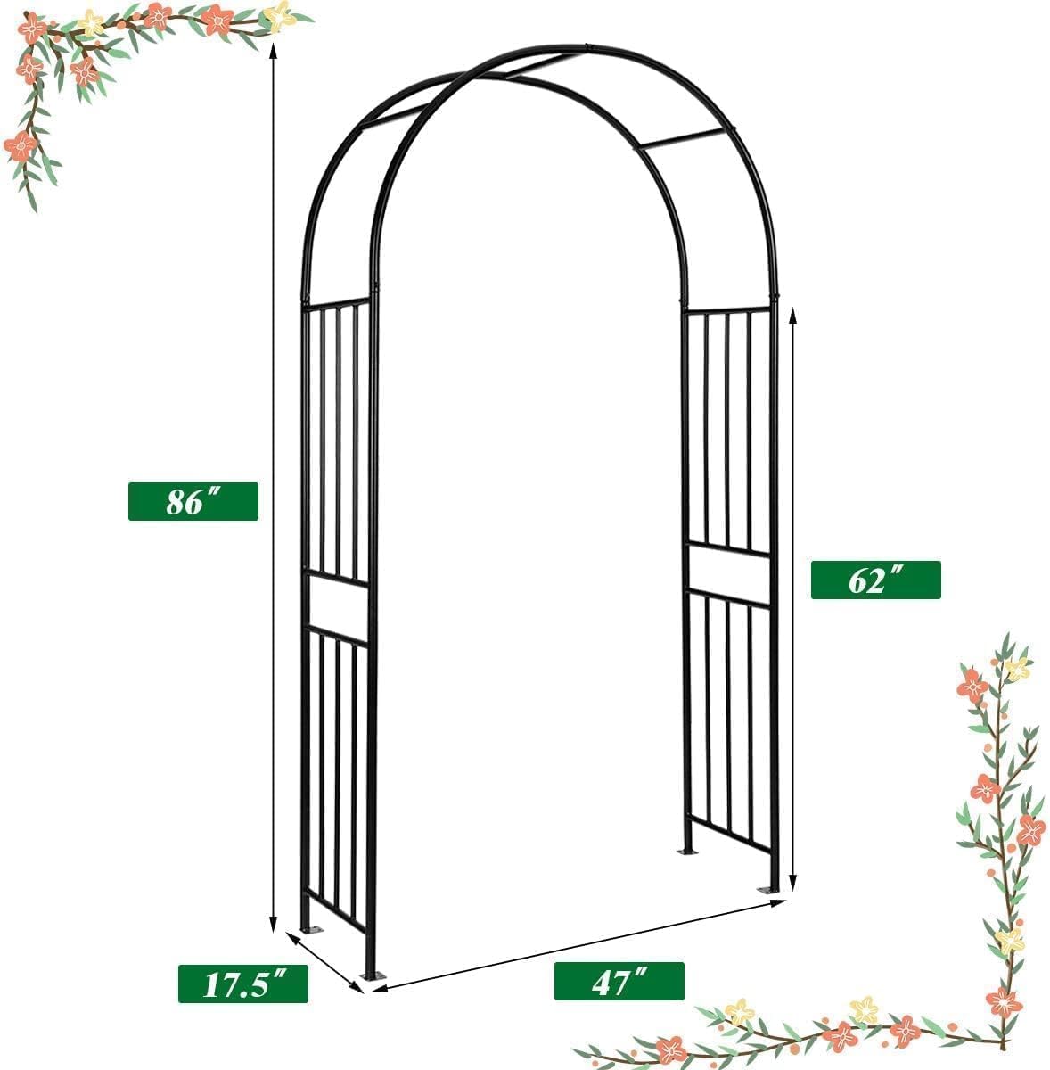 Moccha Garden Arch Arbor Trellis, 7.2Ft Outdoor Steel Arbor with Stakes, Metal Archway for Climbing Plants, Wide Sturdy Garden Arch for Lawn, Party, Ceremony Wedding Decoration, Black