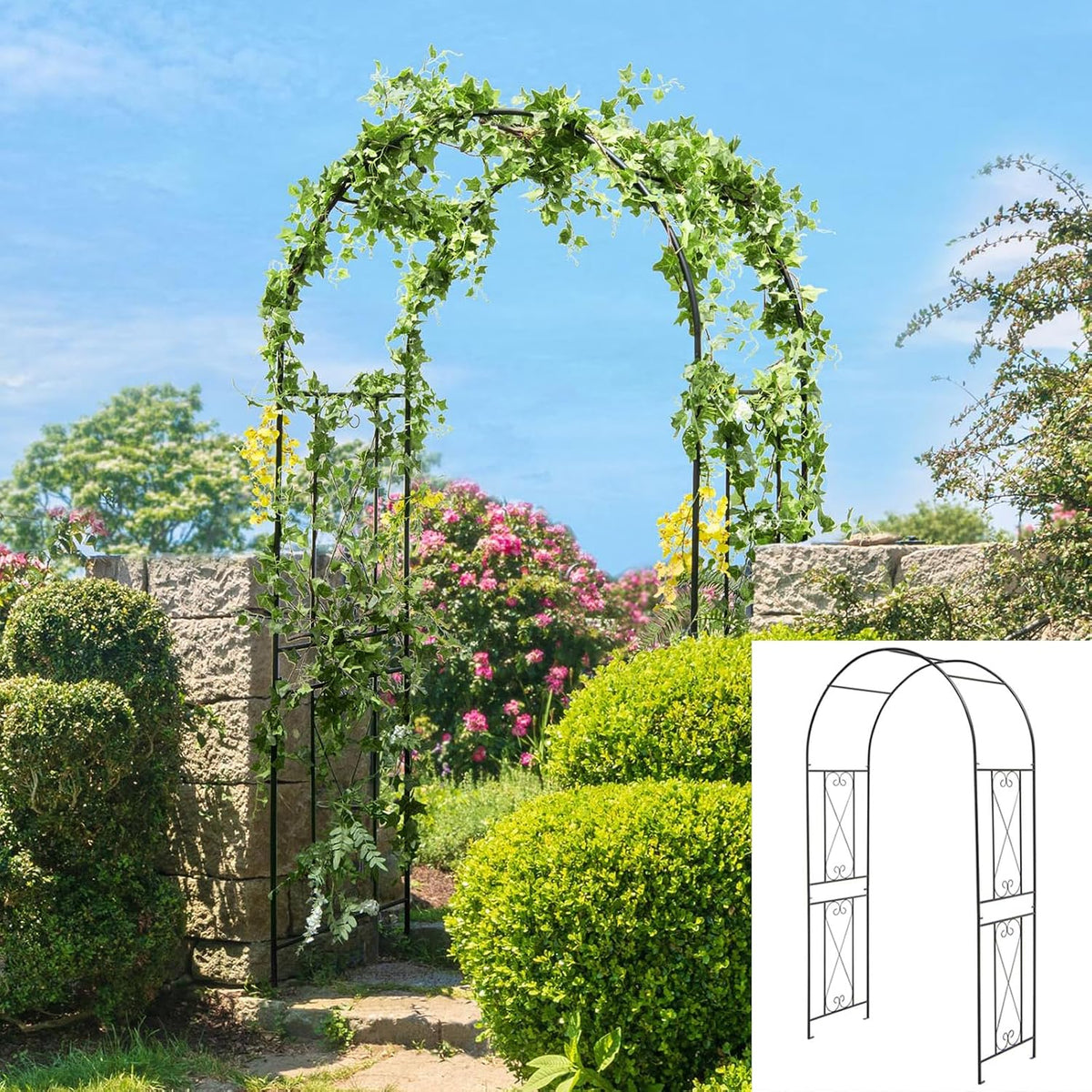 Moccha Garden Arch Arbor Trellis, 7.2Ft Outdoor Steel Arbor with Stakes, Metal Archway for Climbing Plants, Wide Sturdy Garden Arch for Lawn, Party, Ceremony Wedding Decoration, Black