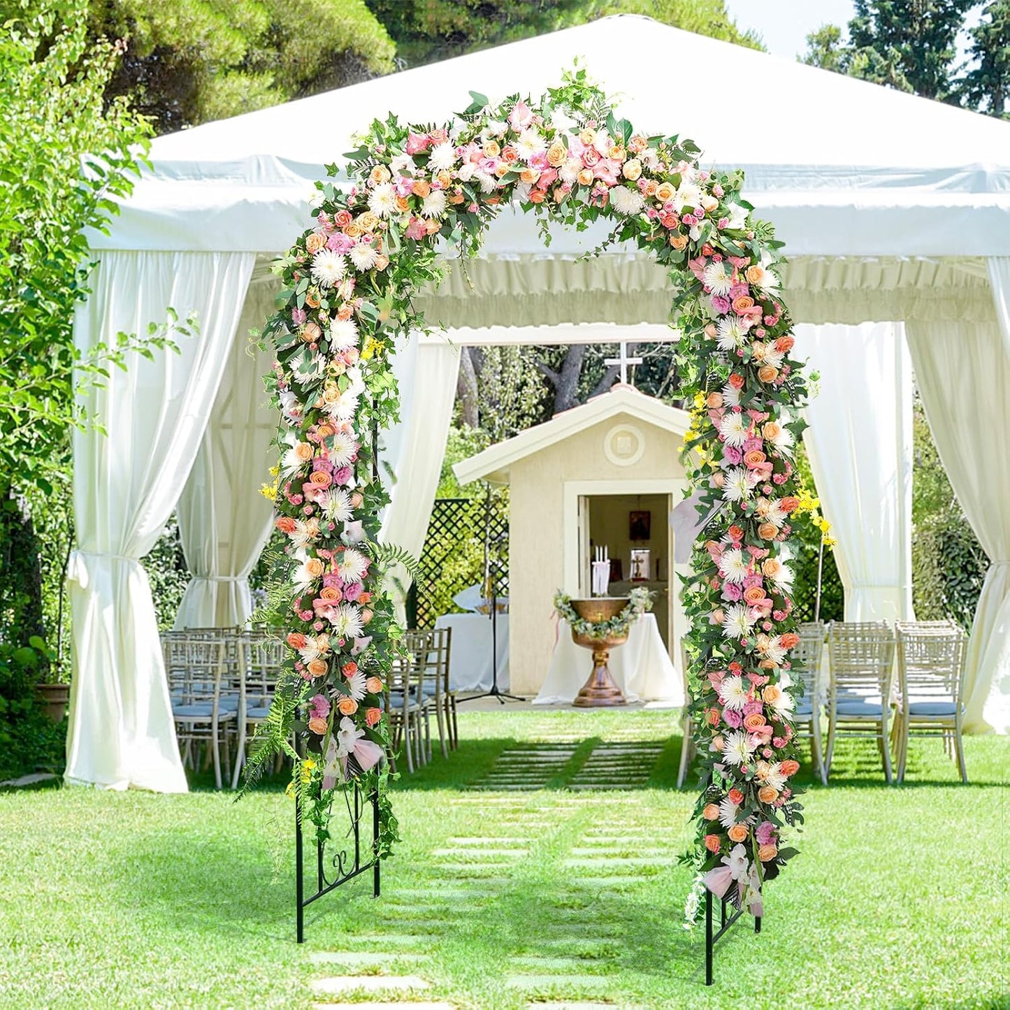 Moccha Garden Arch Arbor Trellis, 7.2Ft Outdoor Steel Arbor with Stakes, Metal Archway for Climbing Plants, Wide Sturdy Garden Arch for Lawn, Party, Ceremony Wedding Decoration, Black
