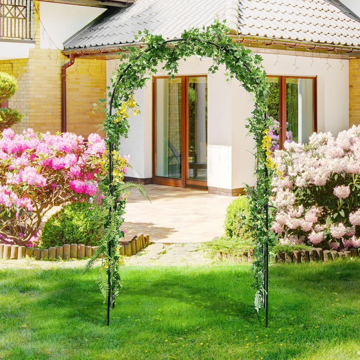 Moccha Garden Arch Arbor Trellis, 7.2Ft Outdoor Steel Arbor with Stakes, Metal Archway for Climbing Plants, Wide Sturdy Garden Arch for Lawn, Party, Ceremony Wedding Decoration, Black