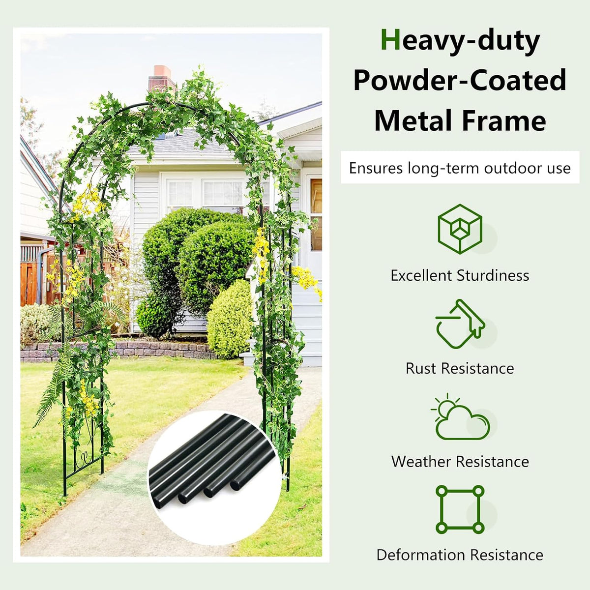 Moccha Garden Arch Arbor Trellis, 7.2Ft Outdoor Steel Arbor with Stakes, Metal Archway for Climbing Plants, Wide Sturdy Garden Arch for Lawn, Party, Ceremony Wedding Decoration, Black