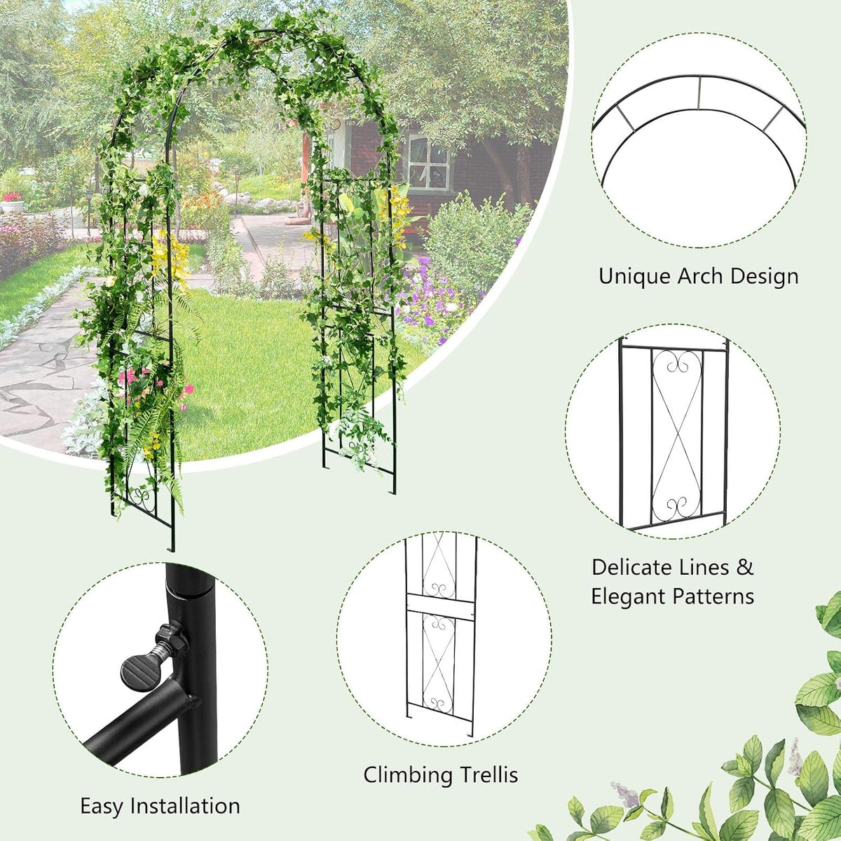 Moccha Garden Arch Arbor Trellis, 7.2Ft Outdoor Steel Arbor with Stakes, Metal Archway for Climbing Plants, Wide Sturdy Garden Arch for Lawn, Party, Ceremony Wedding Decoration, Black