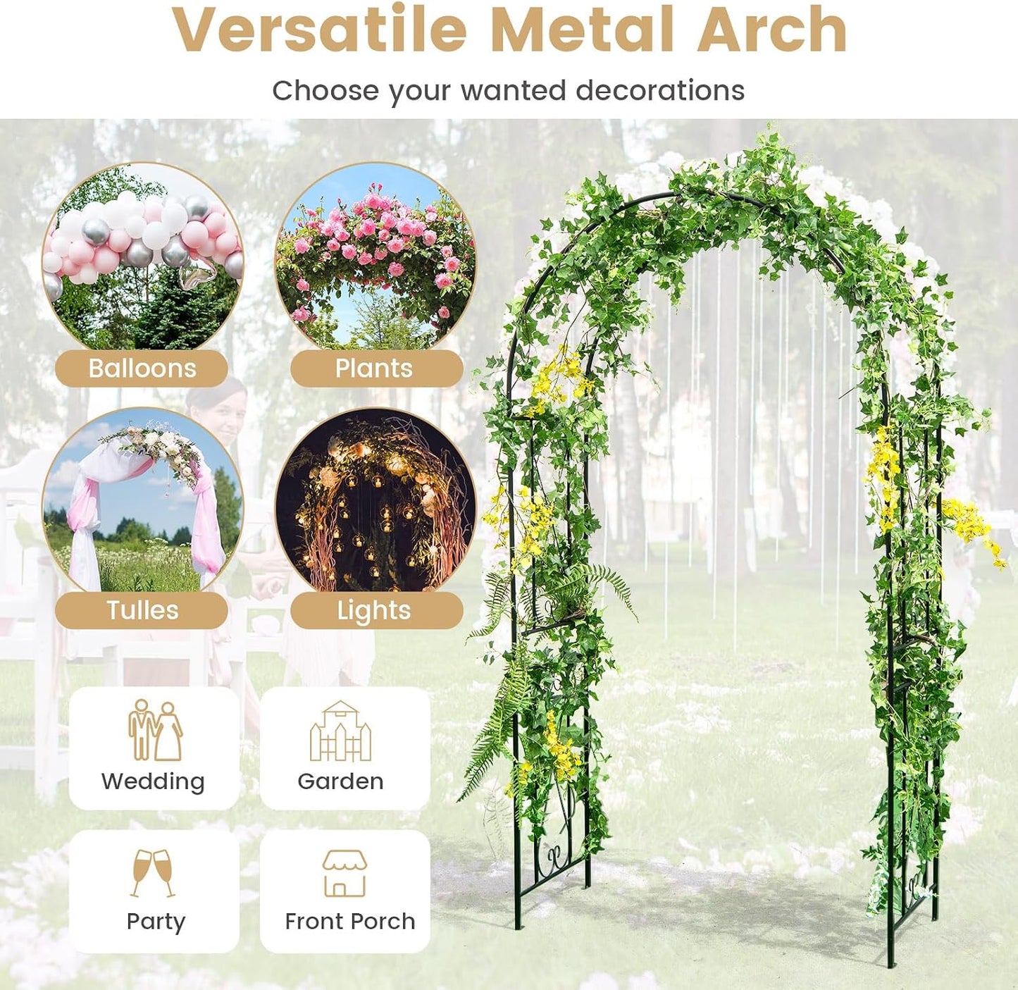 Moccha Garden Arch Arbor Trellis, 7.2Ft Outdoor Steel Arbor with Stakes, Metal Archway for Climbing Plants, Wide Sturdy Garden Arch for Lawn, Party, Ceremony Wedding Decoration, Black