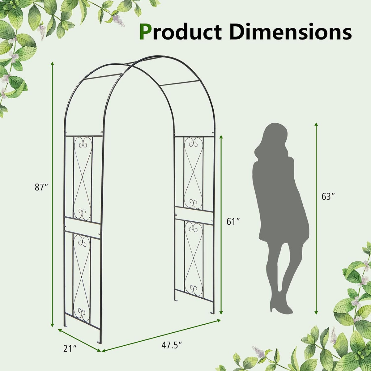 Moccha Garden Arch Arbor Trellis, 7.2Ft Outdoor Steel Arbor with Stakes, Metal Archway for Climbing Plants, Wide Sturdy Garden Arch for Lawn, Party, Ceremony Wedding Decoration, Black
