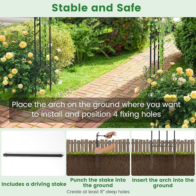 Moccha Garden Arch Arbor Trellis, 7.2Ft Outdoor Steel Arbor with Stakes, Metal Archway for Climbing Plants, Wide Sturdy Garden Arch for Lawn, Party, Ceremony Wedding Decoration, Black