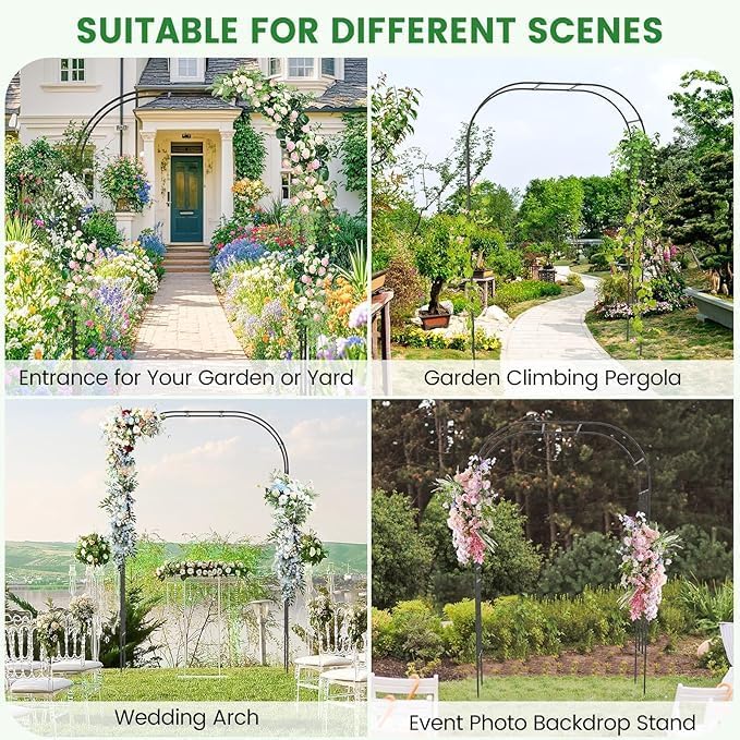 Moccha Garden Arch Arbor Trellis, 7.2Ft Outdoor Steel Arbor with Stakes, Metal Archway for Climbing Plants, Wide Sturdy Garden Arch for Lawn, Party, Ceremony Wedding Decoration, Black