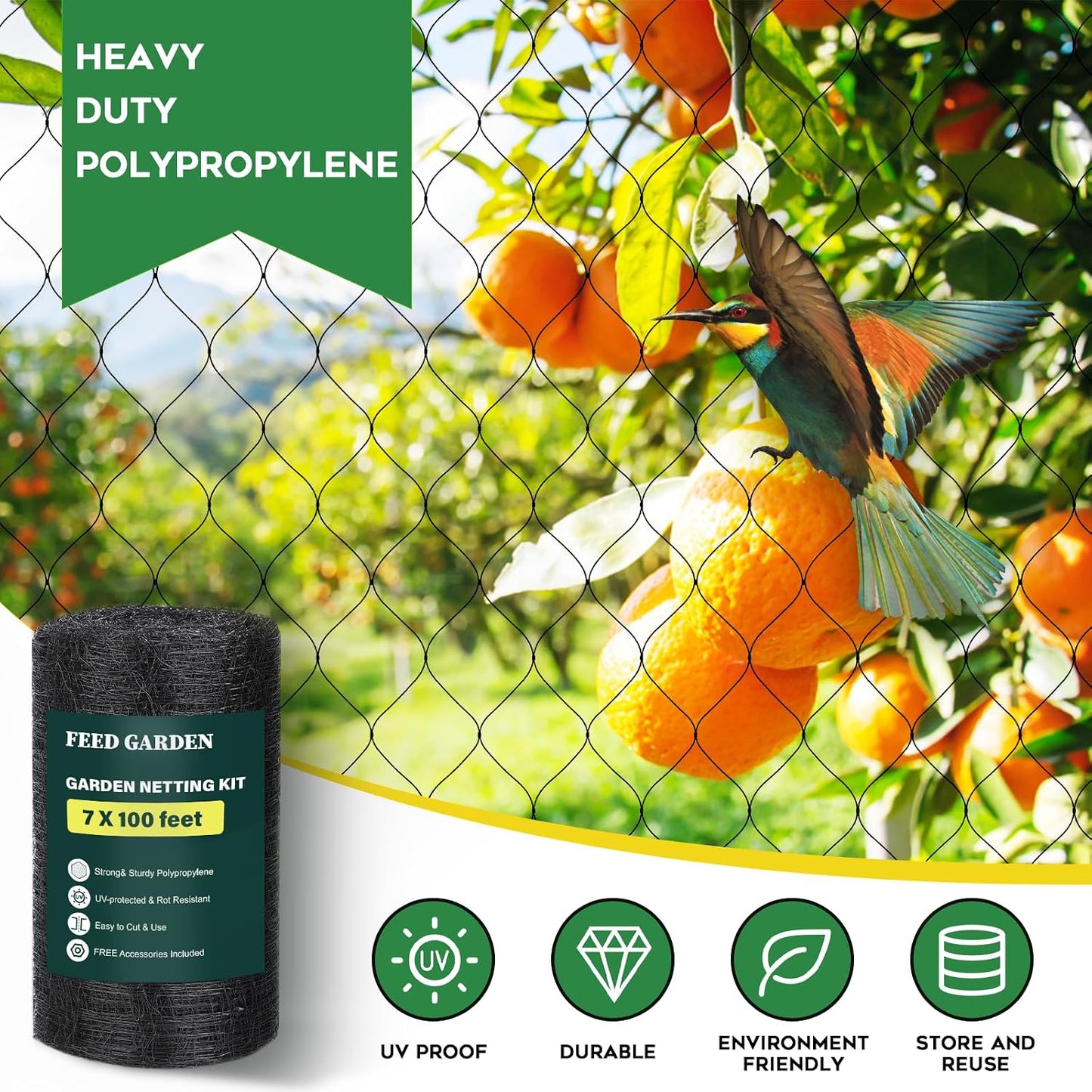Deer Fence Netting Garden Netting Bird Netting - 7x100ft UV-Protected Garden Fence for Plant with 3/4" Fine Mesh - Includes 10 Stakes & 50 Zip Ties for Easy Installation