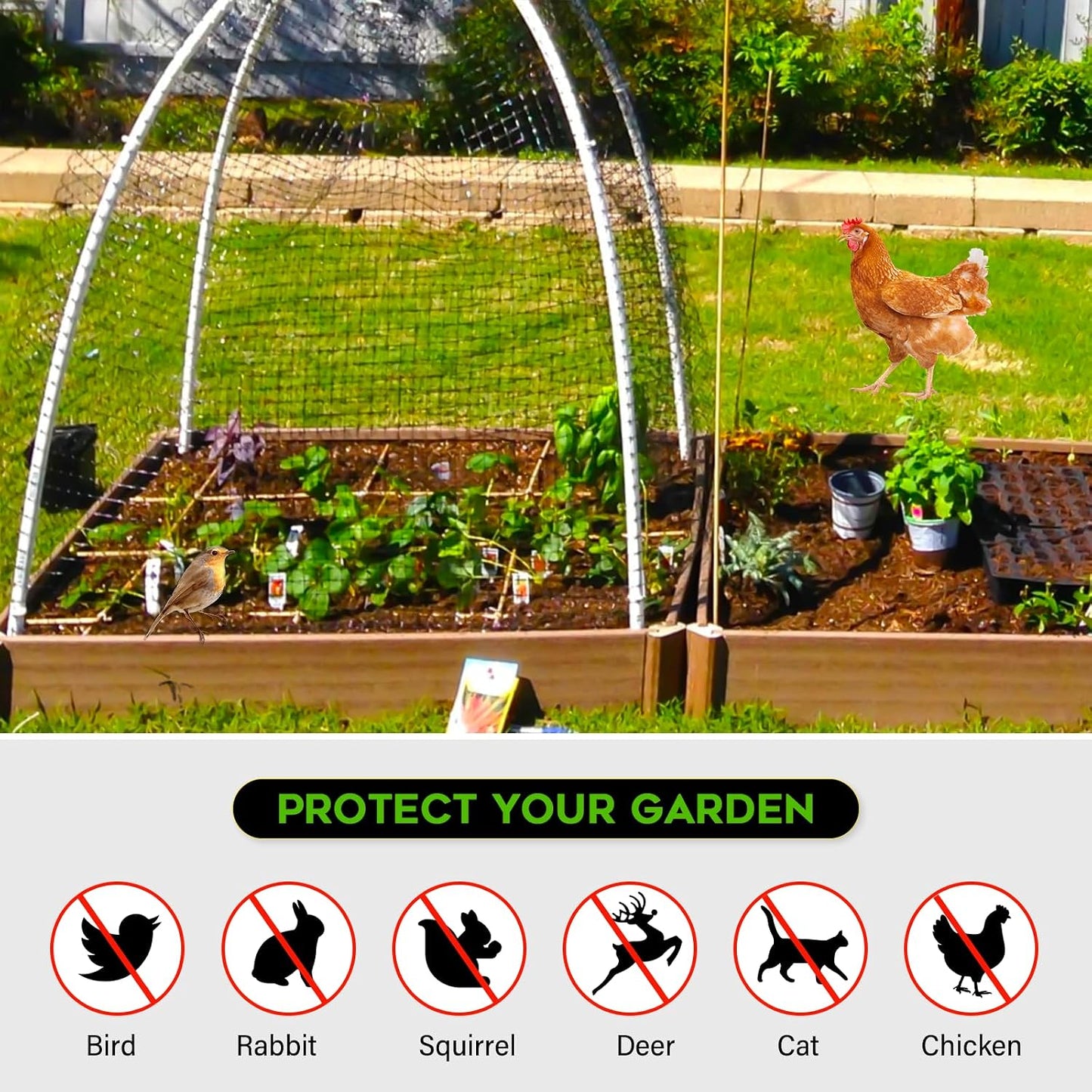 Deer Fence Netting Garden Netting Bird Netting - 7x100ft UV-Protected Garden Fence for Plant with 3/4" Fine Mesh - Includes 10 Stakes & 50 Zip Ties for Easy Installation