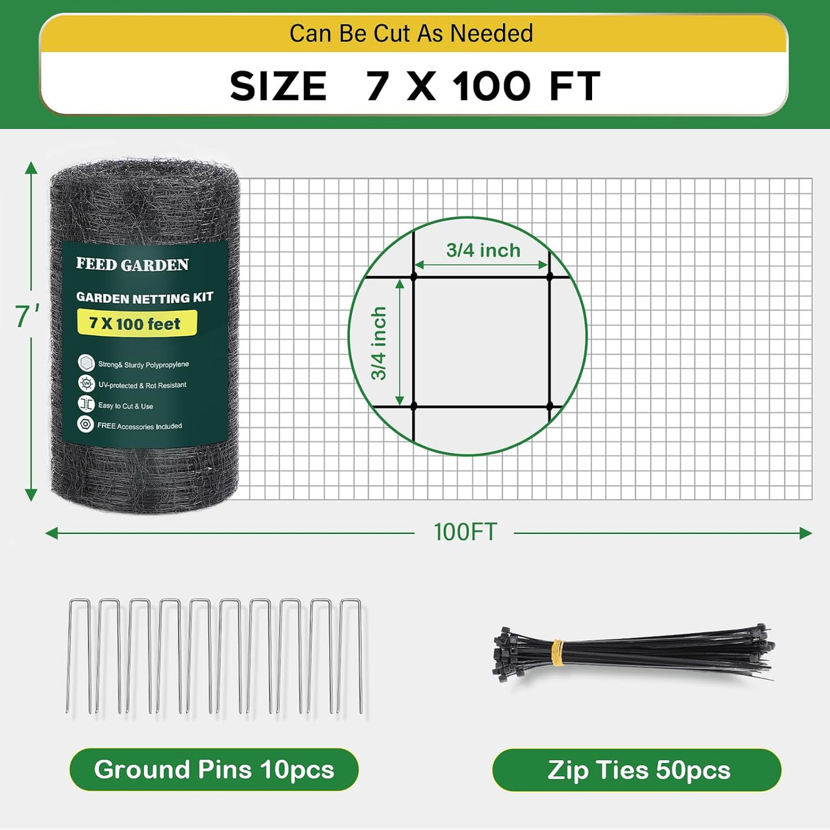 Deer Fence Netting Garden Netting Bird Netting - 7x100ft UV-Protected Garden Fence for Plant with 3/4" Fine Mesh - Includes 10 Stakes & 50 Zip Ties for Easy Installation