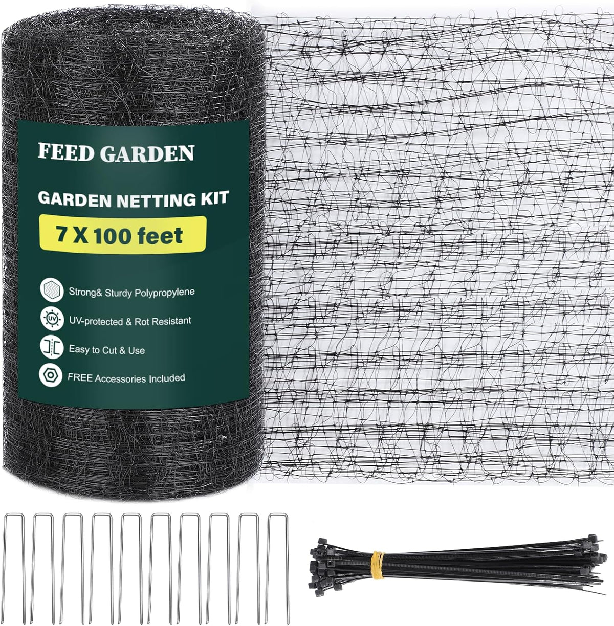 Deer Fence Netting Garden Netting Bird Netting - 7x100ft UV-Protected Garden Fence for Plant with 3/4" Fine Mesh - Includes 10 Stakes & 50 Zip Ties for Easy Installation