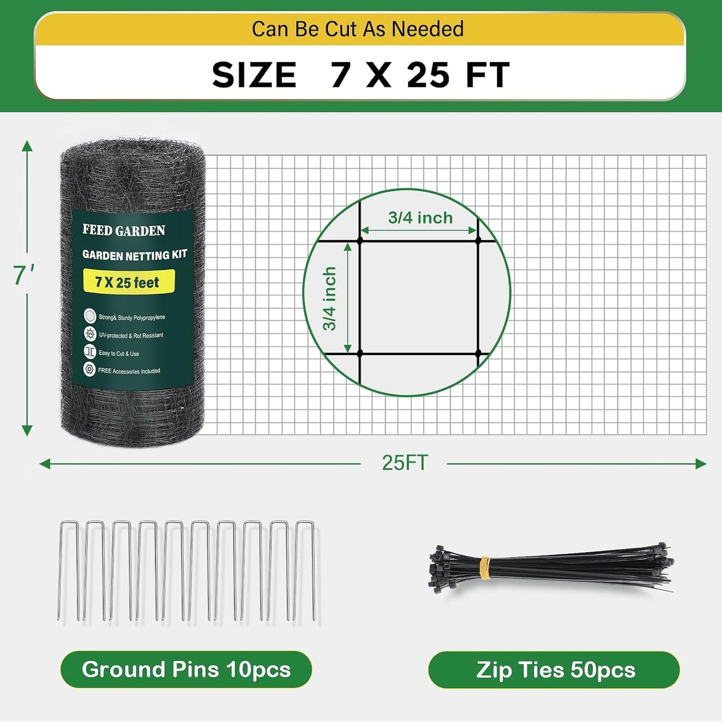 Deer Fence Netting Garden Netting Bird Netting - 7x100ft UV-Protected Garden Fence for Plant with 3/4" Fine Mesh - Includes 10 Stakes & 50 Zip Ties for Easy Installation