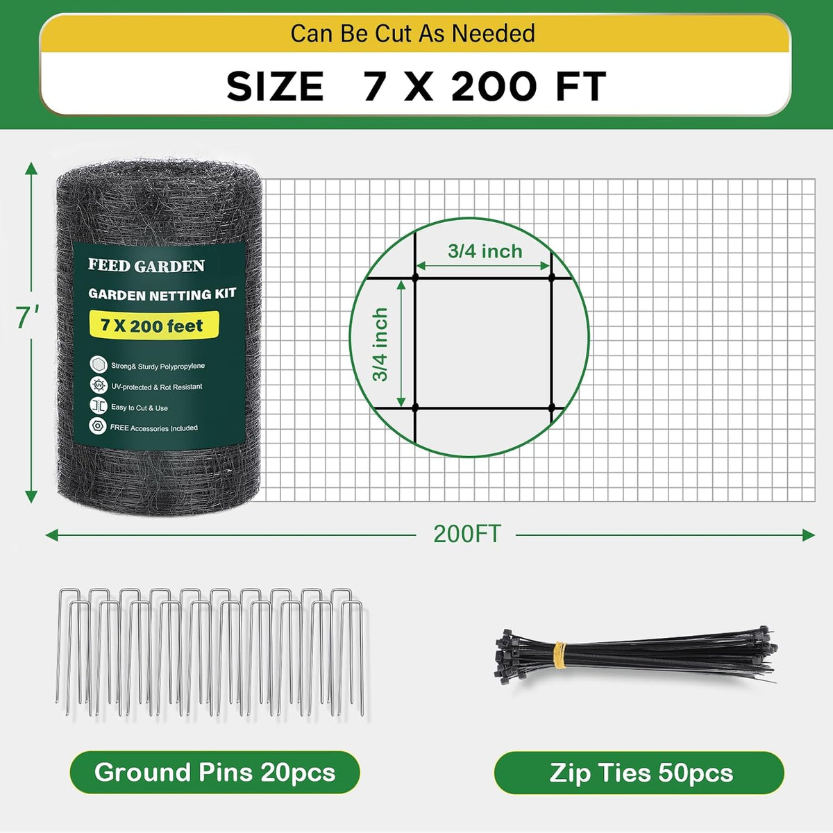 Deer Fence Netting Garden Netting Bird Netting - 7x100ft UV-Protected Garden Fence for Plant with 3/4" Fine Mesh - Includes 10 Stakes & 50 Zip Ties for Easy Installation