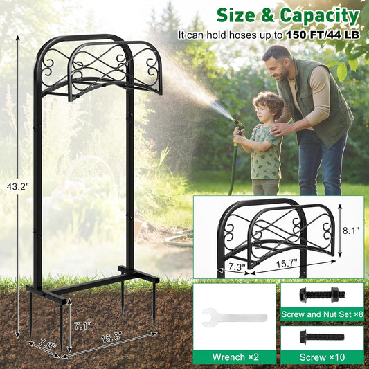 Garden Hose Holder for Outside 43" Heavy Duty Freestanding Water Hose Holder with 4 Stable Spikes Metal Hose Stand Holds Up to 150FT Hose & 44LB Detachable Hose Storage for Yard Lawn Patio