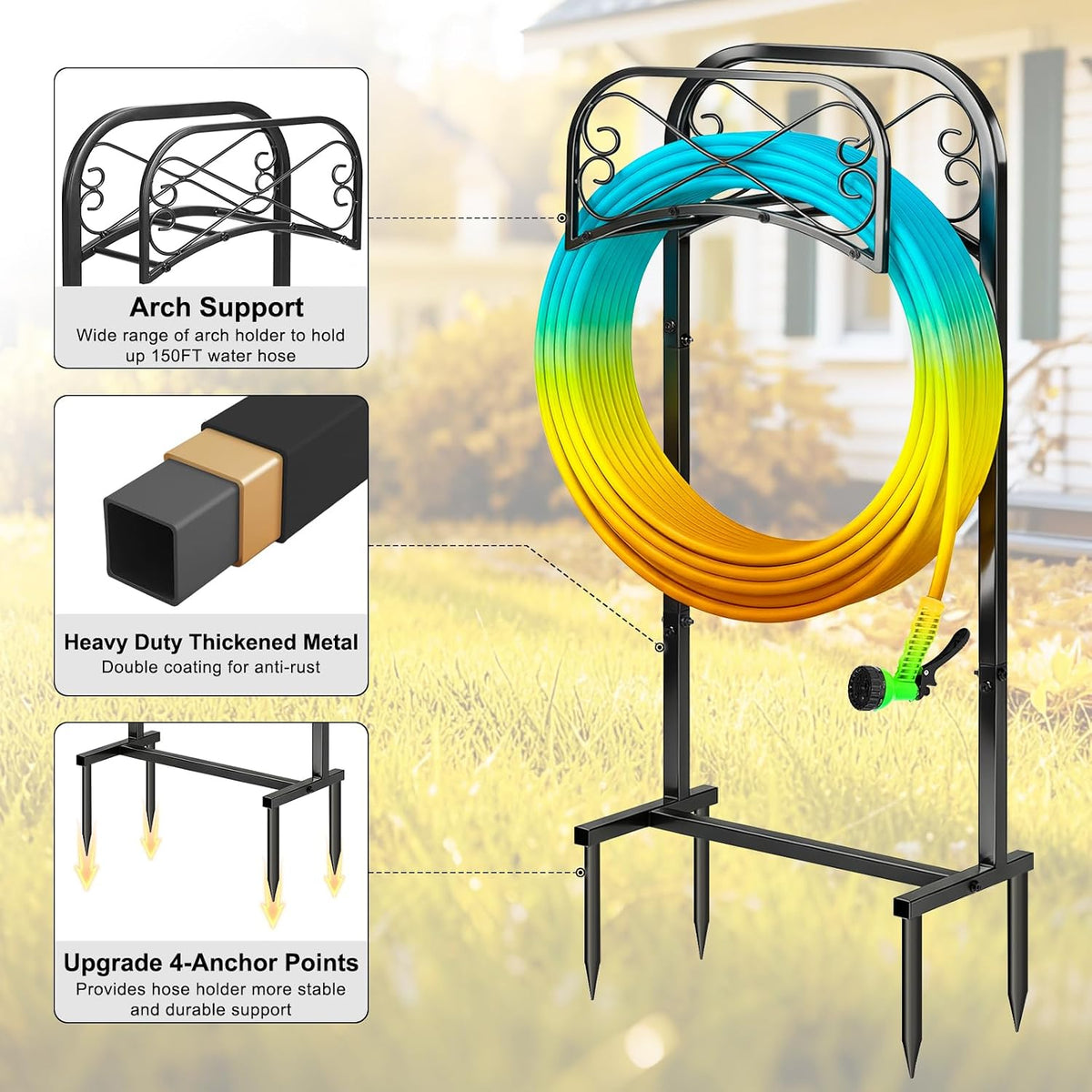 Garden Hose Holder for Outside 43" Heavy Duty Freestanding Water Hose Holder with 4 Stable Spikes Metal Hose Stand Holds Up to 150FT Hose & 44LB Detachable Hose Storage for Yard Lawn Patio