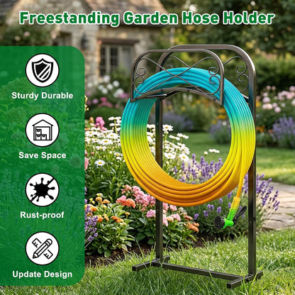 Garden Hose Holder for Outside 43" Heavy Duty Freestanding Water Hose Holder with 4 Stable Spikes Metal Hose Stand Holds Up to 150FT Hose & 44LB Detachable Hose Storage for Yard Lawn Patio