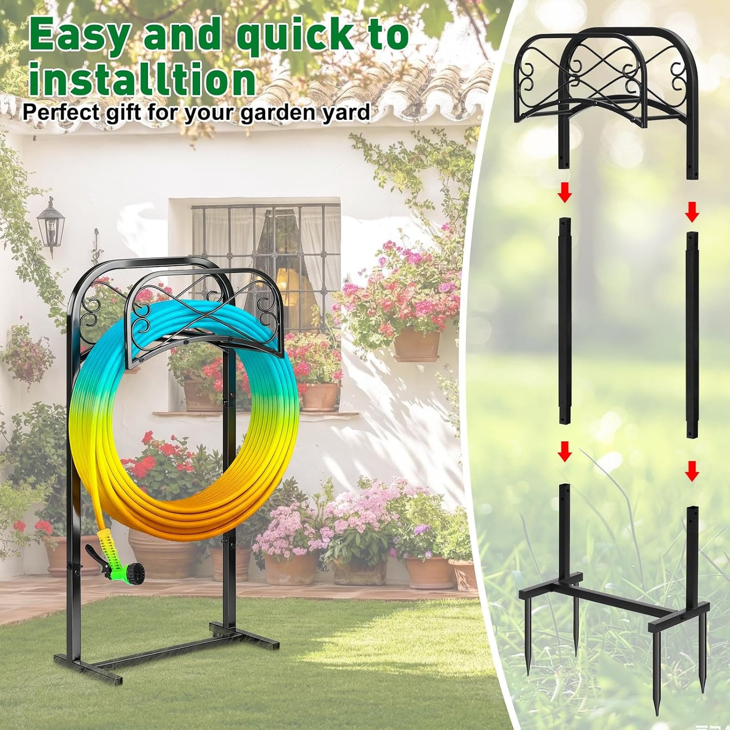 Garden Hose Holder for Outside 43" Heavy Duty Freestanding Water Hose Holder with 4 Stable Spikes Metal Hose Stand Holds Up to 150FT Hose & 44LB Detachable Hose Storage for Yard Lawn Patio