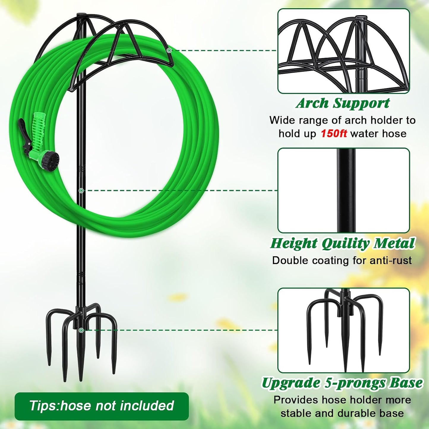 Garden Hose Holder for Outside 43" Heavy Duty Freestanding Water Hose Holder with 4 Stable Spikes Metal Hose Stand Holds Up to 150FT Hose & 44LB Detachable Hose Storage for Yard Lawn Patio
