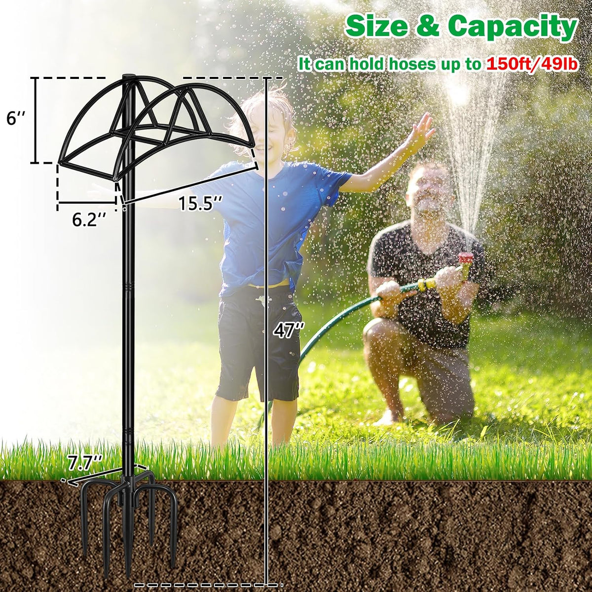 Garden Hose Holder for Outside 43" Heavy Duty Freestanding Water Hose Holder with 4 Stable Spikes Metal Hose Stand Holds Up to 150FT Hose & 44LB Detachable Hose Storage for Yard Lawn Patio