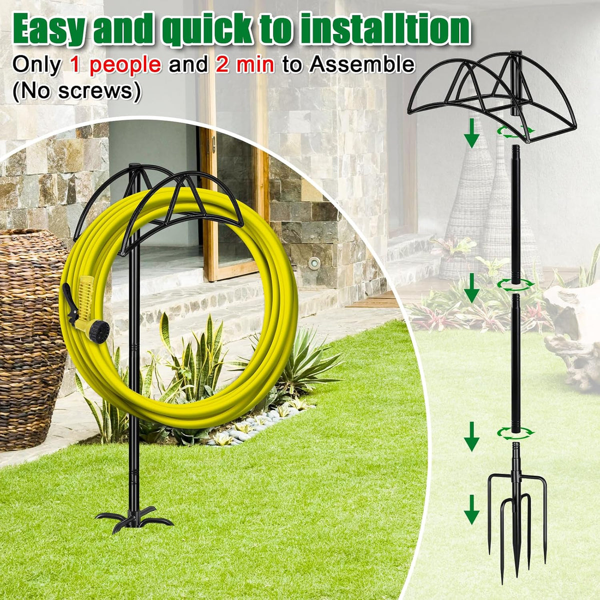 Garden Hose Holder for Outside 43" Heavy Duty Freestanding Water Hose Holder with 4 Stable Spikes Metal Hose Stand Holds Up to 150FT Hose & 44LB Detachable Hose Storage for Yard Lawn Patio