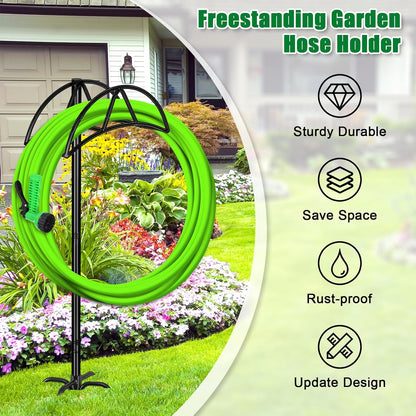 Garden Hose Holder for Outside 43" Heavy Duty Freestanding Water Hose Holder with 4 Stable Spikes Metal Hose Stand Holds Up to 150FT Hose & 44LB Detachable Hose Storage for Yard Lawn Patio