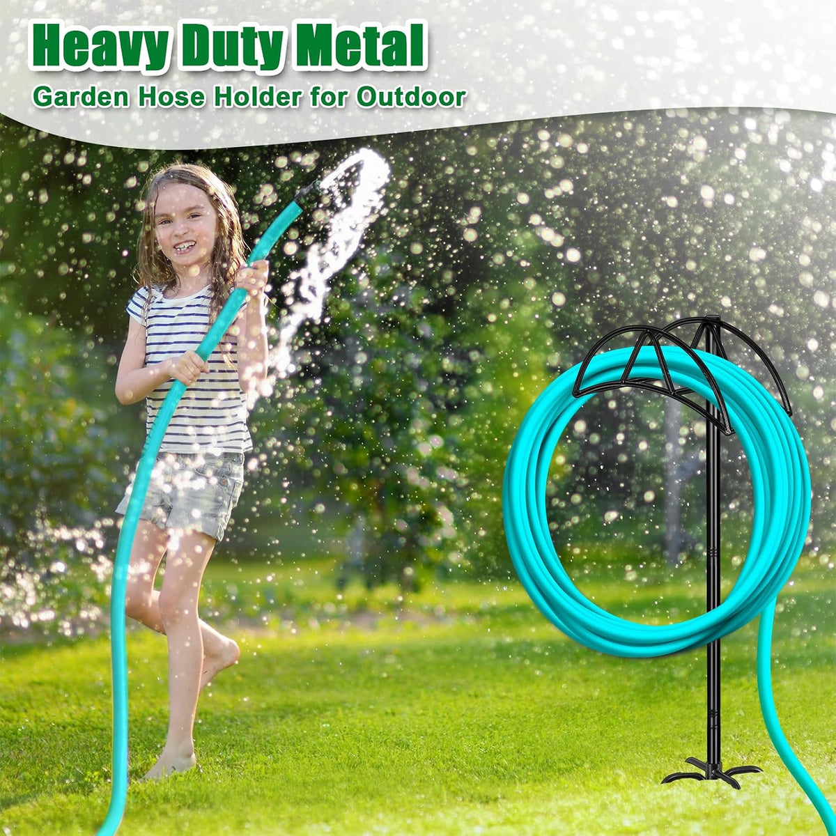 Garden Hose Holder for Outside 43" Heavy Duty Freestanding Water Hose Holder with 4 Stable Spikes Metal Hose Stand Holds Up to 150FT Hose & 44LB Detachable Hose Storage for Yard Lawn Patio